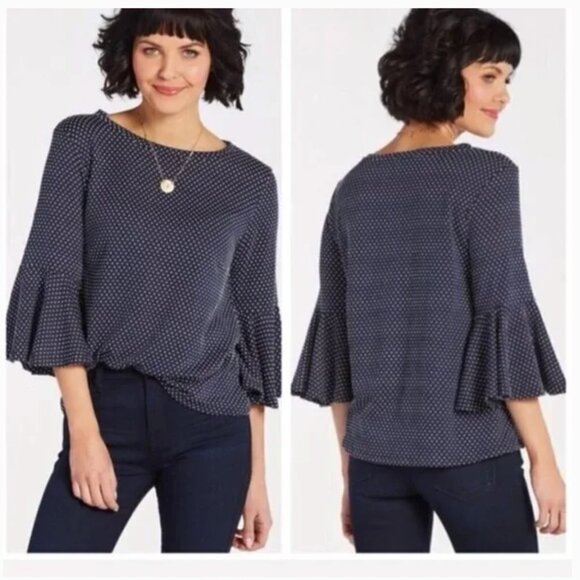 Sunday in Brooklynn Anthropologie Navy white Clip Dot bell sleeve Top size L - Picture 1 of 10